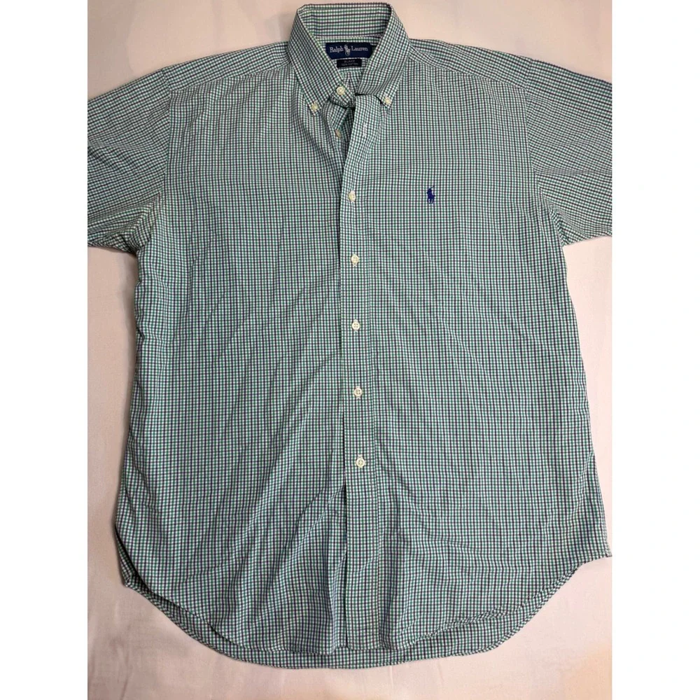 Ralph Lauren Blake M Green Purple Gingham Check Short Sleeve Button Down Shirt